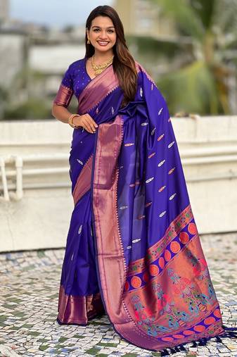 Violet soft paithani silk zari weaving saree with matching blouse piece