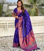 Violet soft paithani silk zari weaving saree with matching blouse piece