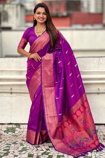 Purple soft paithani silk zari weaving saree with matching blouse piece