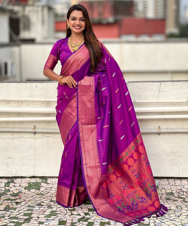 Purple soft paithani silk zari weaving saree with matching blouse piece