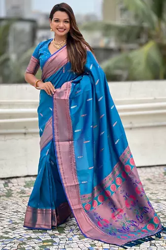 Blue soft paithani silk zari weaving saree with matching blouse piece