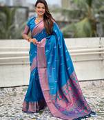 Blue soft paithani silk zari weaving saree with matching blouse piece