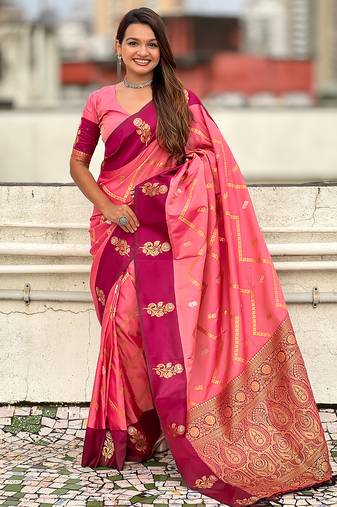 Pink soft silk zari weaving saree with matching blouse piece