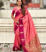 Pink soft silk zari weaving saree with matching blouse piece