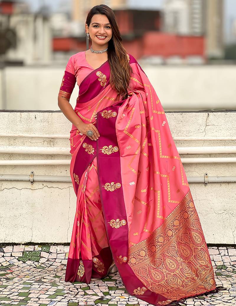 Pink soft silk zari weaving saree with matching blouse piece