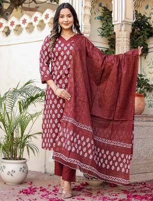 Maroon floral block print cotton straight kurta set with dupatta 1