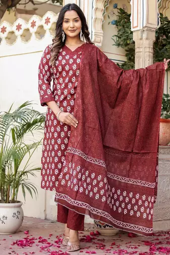 Maroon floral block print cotton straight kurta set with dupatta