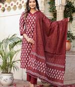 Maroon floral block print cotton straight kurta set with dupatta