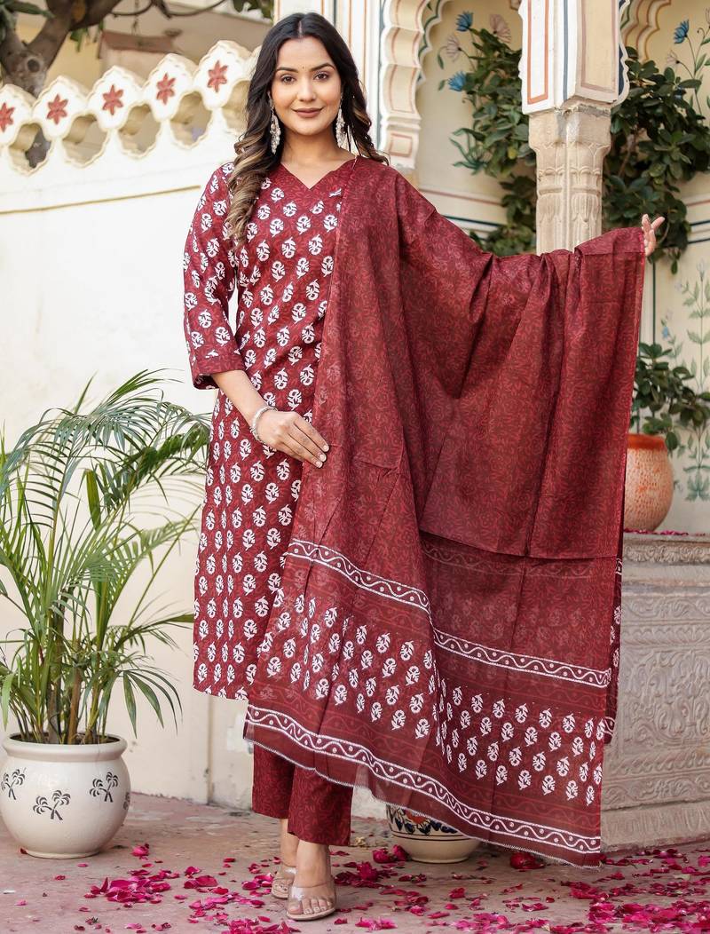 Maroon floral block print cotton straight kurta set with dupatta