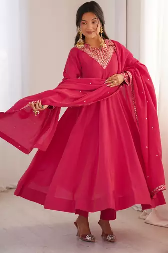 Rani pink embroidered dori sequins zari work chinnon silk fully stitched anarkali gown
