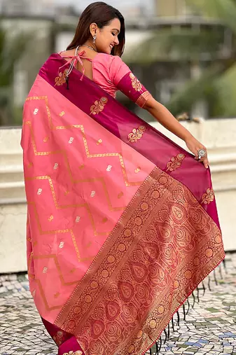 pink soft silk saree with zari work