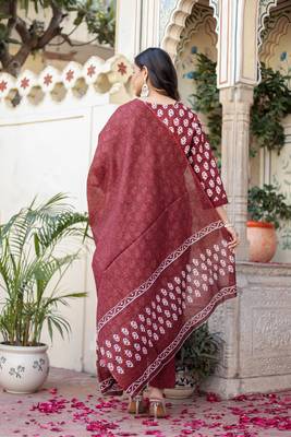 Maroon floral block print cotton straight kurta set with dupatta 2