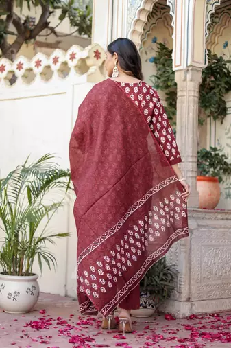 Maroon floral block print cotton straight kurta set with dupatta