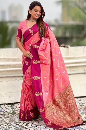 pink soft silk saree with zari work