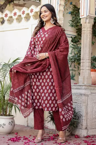 Maroon floral block print cotton straight kurta set with dupatta