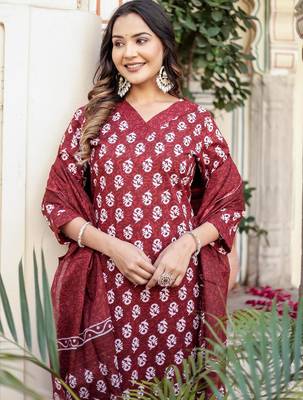 Maroon floral block print cotton straight kurta set with dupatta 4