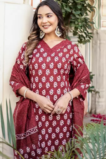 Maroon floral block print cotton straight kurta set with dupatta