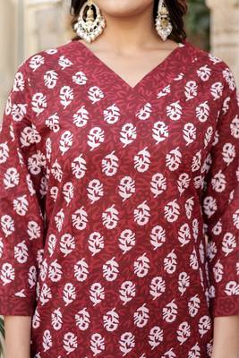 Maroon floral block print cotton straight kurta set with dupatta 5