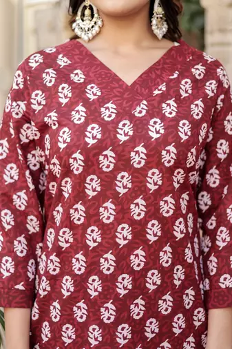 Maroon floral block print cotton straight kurta set with dupatta