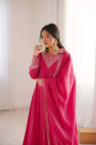 Rani pink embroidered dori sequins zari work chinnon silk fully stitched anarkali gown
