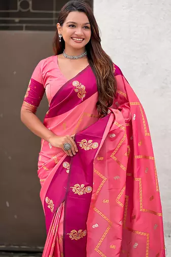 pink soft silk saree with zari work