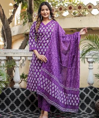 Purple floral block print cotton straight kurta set with dupatta 1