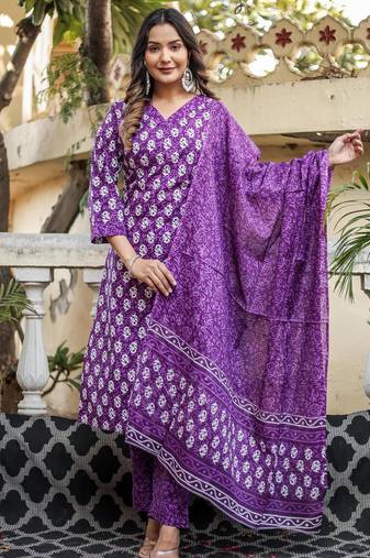 Purple floral block print cotton straight kurta set with dupatta