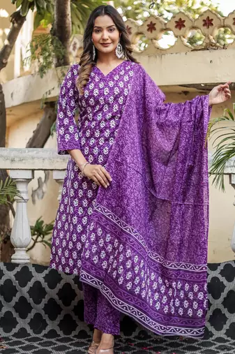 Purple floral block print cotton straight kurta set with dupatta