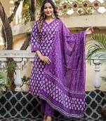 Purple floral block print cotton straight kurta set with dupatta