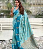 Blue soft silk zari weaving saree with matching blouse piece