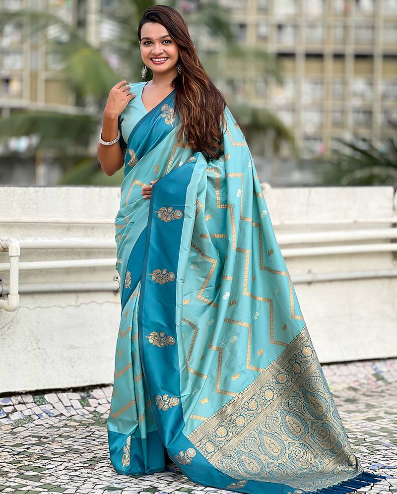 Blue soft silk zari weaving saree with matching blouse piece