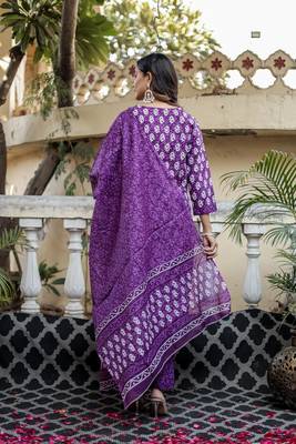 Purple floral block print cotton straight kurta set with dupatta 2