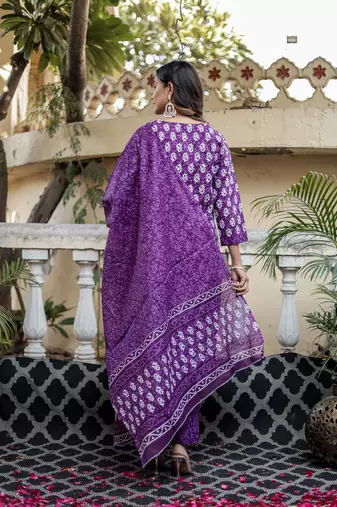 Purple floral block print cotton straight kurta set with dupatta