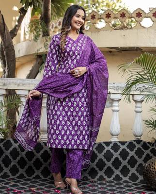 Purple floral block print cotton straight kurta set with dupatta 3
