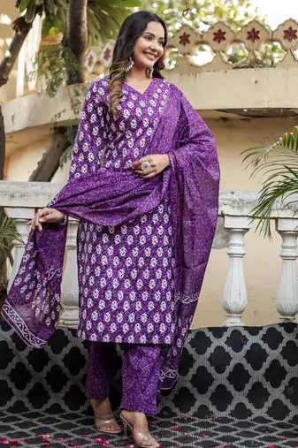 Purple floral block print cotton straight kurta set with dupatta