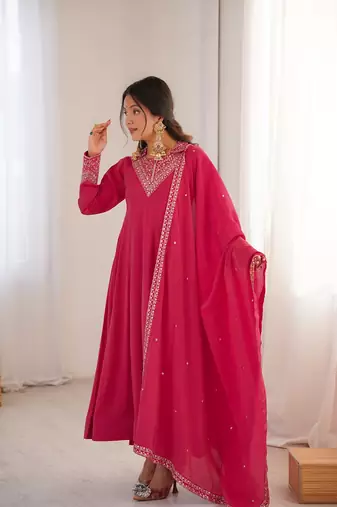 Rani pink embroidered dori sequins zari work chinnon silk fully stitched anarkali gown