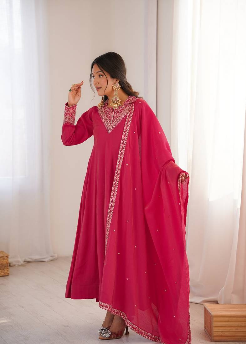 Rani pink embroidered dori sequins zari work chinnon silk fully stitched anarkali gown