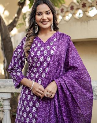 Purple floral block print cotton straight kurta set with dupatta 4