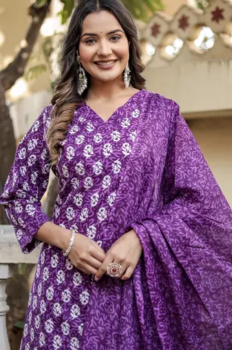 Purple floral block print cotton straight kurta set with dupatta