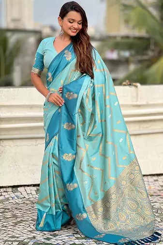 blue soft silk saree with zari work