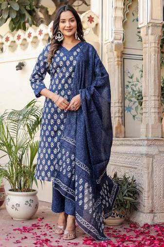Navy blue floral block print cotton straight kurta set with dupatta