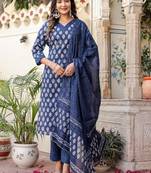 Navy blue floral block print cotton straight kurta set with dupatta