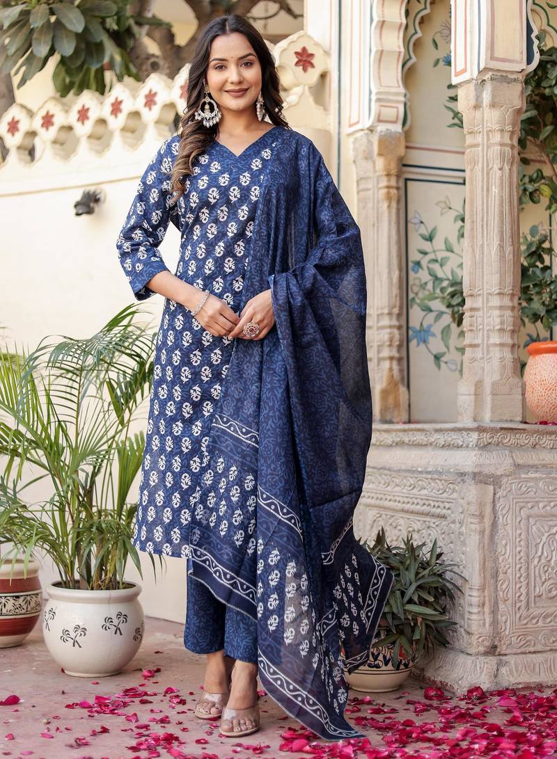 Navy blue floral block print cotton straight kurta set with dupatta