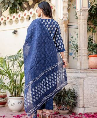Navy blue floral block print cotton straight kurta set with dupatta 2