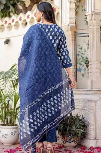 Navy blue floral block print cotton straight kurta set with dupatta