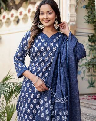 Navy blue floral block print cotton straight kurta set with dupatta 3