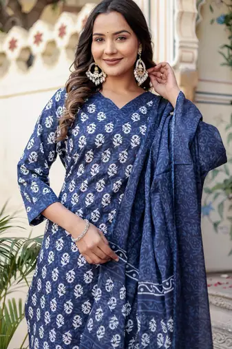 Navy blue floral block print cotton straight kurta set with dupatta