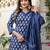 Navy blue floral block print cotton straight kurta set with dupatta
