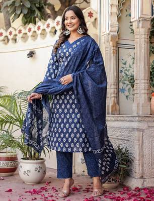 Navy blue floral block print cotton straight kurta set with dupatta 4