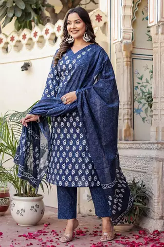 Navy blue floral block print cotton straight kurta set with dupatta